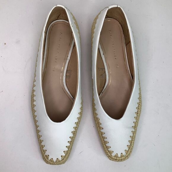 Zara Trafaluc White Leather Wheat Braided Edges Slip On Ballet Flat Sz 36/USA 6 - Picture 5 of 9